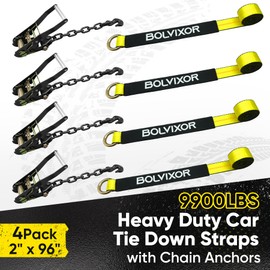 Bolvixor 4 Pack Car Tie Down Straps for Trailers - 2" x 96" - 9900LBS Break Strength - Tire Ratchet Straps with Heavy Duty Chain Anchors for Hauling UTV, SUV, Truck, Any Cars