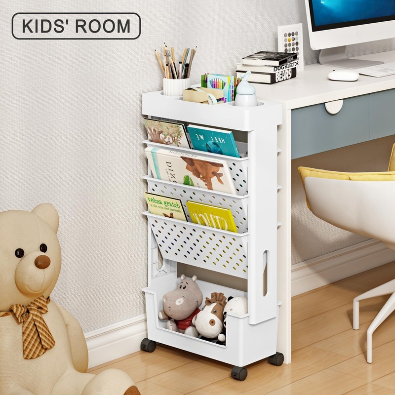 yeavs 5-Tier Mobile Bookshelf, Rolling Bookcase Book Storage Rack, Movable