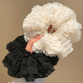 TUCEWP 2Pcs Scrunchies for Women Girls Black White Lace Scrunchies for Long Thick Curly Hair Bandana Scrunchie Soft Hair Bands Big Ponytail Holders No Damage Elastic Hair Ties Cute Hair Accessories