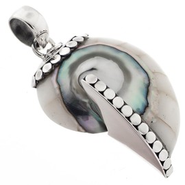 White Nautilus OCean Shell 925 Sterling Silver Pendant, 1 5/8"