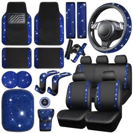 CAR PASS 23 PCS Bling Car Accessories Set for Women, Leather Car Seat Covers Full Set Sparkly Rhinestone15'' Steering Wheel Covers Shining Diamond Car Floor Mats Cute Car Interior Sets, Blue Diamond