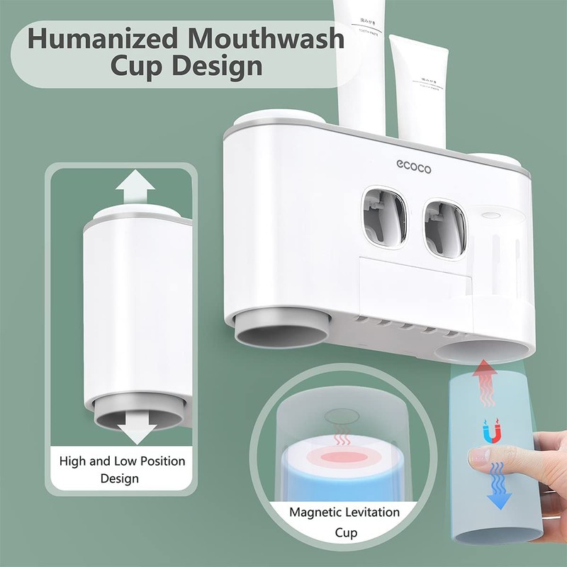Toothbrush Holders with Toothpaste Dispenser Wall Mounted for Bathroom-4 Cups