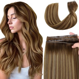 LOXXY Double Weft PU OVO Hair Extensions - 16 Inch 100g Seamless Balayage Chocolate Brown to Caramel Blonde - Invisible Butterfly Real Human Hair Extensions, 1PCS Micro Beads Genius Weft Width 31.5"