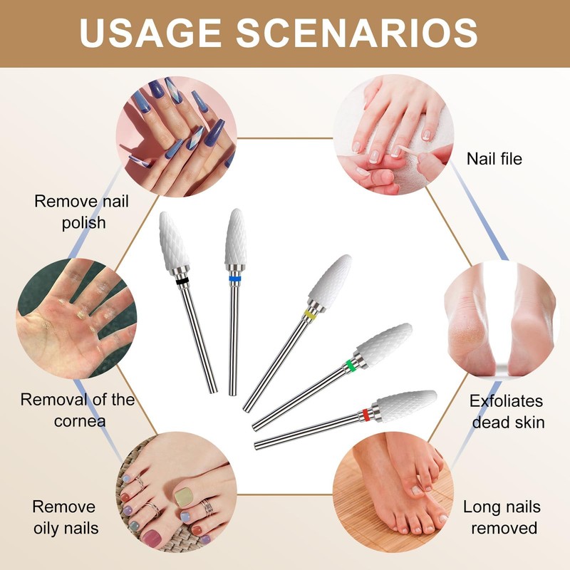 5 Piece Ceramic Nail Drill Set in Corn Shape, Professional