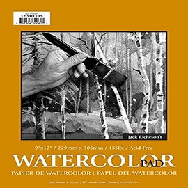 Jack Richeson 135# CP 9 x 12, 12 Sheet Watercolor Paper Pad, White, 9" x 12"