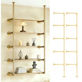 Gold Industrial Wall Mount Iron Pipe Shelf Bracket,DIY Open Bookshelf,Storage Shelves, Ceiling hung Shelves for Home Kitchen Bathroom Living Room Office(2PcsX5Tier,70" Tall,12"deep,Hardware Only)