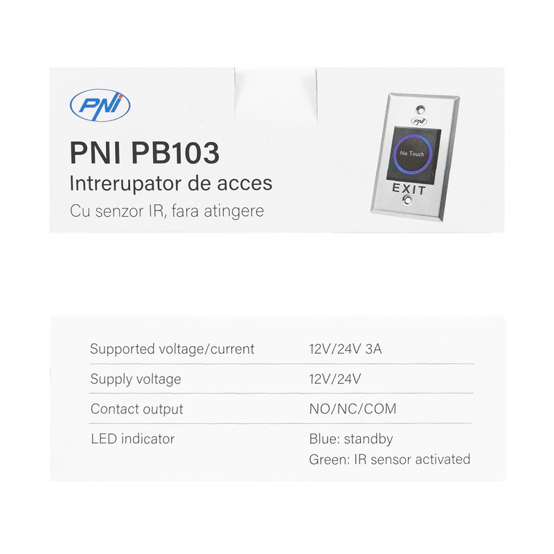 Recessed access switch PNI PB103, touchless, NO/NC/COM, 12V/24V DC, status