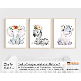 Manschin-Laserdesign Set of 3 Wall Pictures Children's Room Posters DIN A3 & DIN A4 Baby Room Decoration Girls Boys Pictures Decoration Watercolour Forest Animals Scandinavian (P1005)
