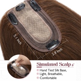 Elailite Human Hair Toppers for Women Real Human Hair Topper Hair Pieces No Bangs for Thinning Thin Hair 5.1"x2.8" Silk Base Clip in Remy Hairpieces 12 Inch Chocolate Brown