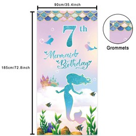 Mermaid Happy 7th Birthday Banner Backdrop Background Castle Tropical Fish Scales Under the Sea Theme Decorations Decor for Girls Princess Daughter 7th Birthday Party Baby Shower Flag Supplies Favors
