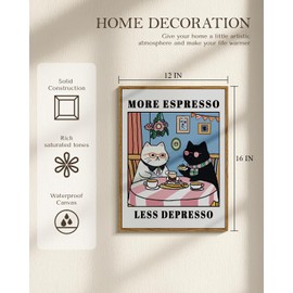 Funny Cat Couple Wall Art More Espresso, Less Depresso, 12x16 Humorous Coffee Time Framed Canvas Print, Modern Cute Animal Illustrations Artwork, Kitchen Dining Room Office Décor