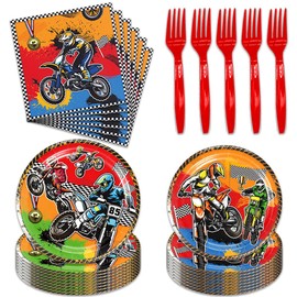 96Pcs Dirt Bike Birthday Party Supplies,include Dessert plate Plate Napkin And Forks,Used for Motocross Dirt Bike Party Decoration,Serves 24 Guests (Red Dirt Bike)