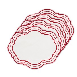 Oval Placemats Set of 4, 100% Cotton, Red Embroidered Placemats, Washable Place Mats for Dinner Party Table Decoration, Farmhouse White Tablemats, 17x14, Double Scalloped Placemats Set