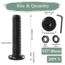 GOHODOMINO M5×40mm Flat Head Socket Cap Screws Bolts, Nuts, Flat Washers, 20Pcs, 304 Stainless Steel, Black Oxide, Allen Socket Drive, with Hex Spanner