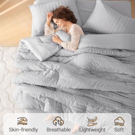 MUXHOMO 7 Pieces Full Comforter Set, Seersucker Bed in a Bag Full Size, All Season Luxury Bedding Set with Comforter, Flat Sheet, Fitted Sheet, Pillowcases & Shams, Light Grey