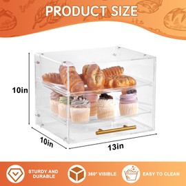 Pastry Display Case,Acrylic Bakery Display Case,2 Tier Bread Box for Kitchen Countertop,Clear Breadbox with Golden Service Tong for Baked Goods Cookie Dessert Cupcake Donut Bagel,13x10x10 Inch