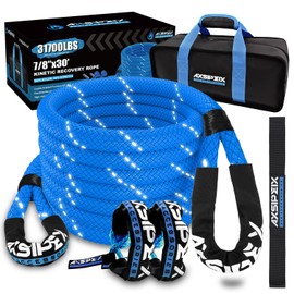 AXSIPEIX 7/8"×30ft Kinetic Recovery Rope (31,700lbs) Heavy Duty Offroad Recovery Rope with 2 Soft Shackles 3/8" x 20" Offroad Recovery Kit for UTV, ATV, Truck, Car (Dark Blue)