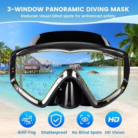 Pano 3-Window Snorkel Mask for Adults, Anti-Fog & Scratch-Resistant PC Lens Scuba Diving Mask, Wide View Swim Goggles with Liquid Silicone Skirt for Freediving, Swimming & Water Sports (Black+Blue)