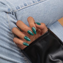 KQueenest Dark Green Press on Nails Almond Medium Length, Almond False Nails with Glue, Glossy Solid Emerald Green Fake Nails Press ons Stiletto, Reusable Soft Gel Stick on Nail for Women, 24 Pcs