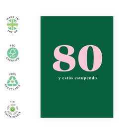 Central 23 Tarjetas de 80 cumpleaños para abuelo - Ochenta y fabuloso - Regalos de feliz cumpleaños número ochenta para hombres - Diseño minimalista moderno y verde - Incluye pegatinas divertidas
