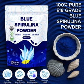 1.6oz Blue Spirulina Powder - 45g Organic Natural Food Coloring from Blue Algae, Vegan & Pure Spirulina Powder, Premium Scoop Bag for Smoothies, Baking, Yogurt, Hawaiian Recipes