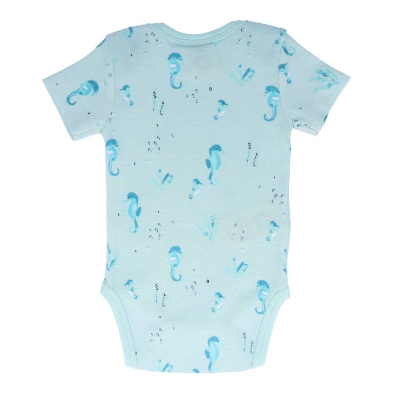 Organic Cotton Summer Baby Onesie - Seahorses Teal, 0-3 MTHS