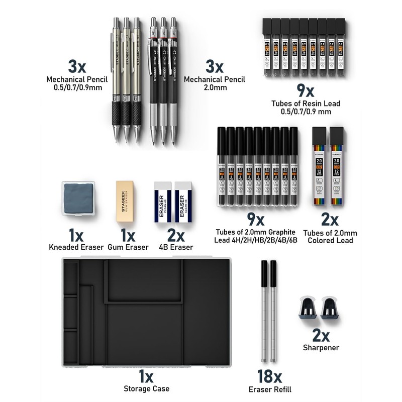 STAGEEK 6pcs Mechanical Pencil Set 0.5,0.7,0.9,2.0MM