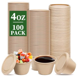 Bagasse Fiber Souffle Cups,100% Biodegradable, Mini Paper Condiment Cup,Jello Shot Cups, Jello Shot & Sauce Containers for Jam、 Ketchup、Candy、 Appetizers(100 Pcs-4 oz-Natural Color) ﻿