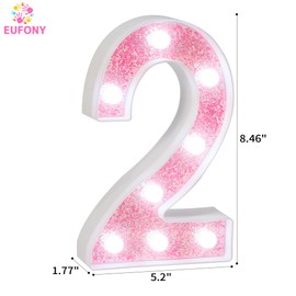 EUFONY Pink Marquee Light Up Numbers, Glitter LED Number Lights Battery Powered for Girls 2nd 12th Birthday Party Table Decorations, 2025 Graduation Prom Decor, Pink Number 2 Sign w/Cool White Lights