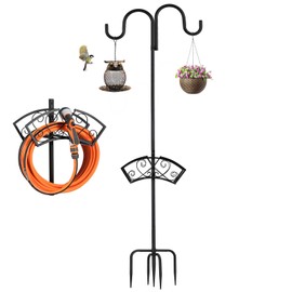 Garden Hose Holder, Upgraded Heavy Duty Water Hose Holder, Freestanding Hose Stand with 2 Shepherds Hooks, Thickened Bird Feeder Pole Detachable Water Pipe Rack Organizer for Outside Yard Lawn