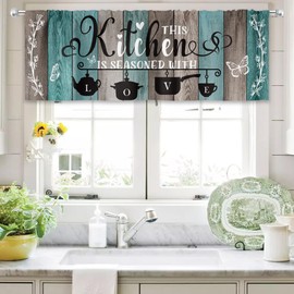 MESHELLY Green and Grey Kitchen Curtains 52Wx18H Inch Rod Pocket Gray Rustic Valance Plank Wooden Country Quotes Vintage Butterfly Bedroom Window Drapes Farmhouse Printed Living Room Window Treatment