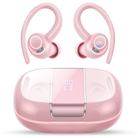 VKROBAG Wireless Earbuds, Bluetooth 5.3 Headphones with ENC Noise Canceling Mic, 48H Sport Ear Buds with Earhooks, 3D Stereo, LED Display, IPX7 Waterproof Wireless Earphones for Gym, Running, Pink