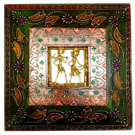 Purpledip Brass Wall Hanging 'Always Together': Dokra Craft Tribal Art Plaque in Hand-Painted Wooden Frame (11656)