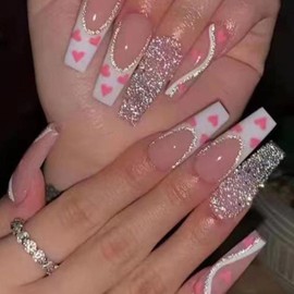 Valentines Day Press on Nails Long Coffin Fake Nails White French Tip Nails Press ons Glossy Glue on Nails with Pink Heart Designs Glitter Acrylic Nails Artificial Stick on Nails for Women 24Pcs