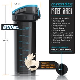 Arendo - Drinking Bottle with Lid OneClick Closure - 800 ml Capacity Scale Markings - Dishwasher Safe - Protein Shaker Protein Shaker - Protein Shaker for Leisure Sports Fitness