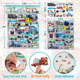 Jactales 3D Puffy Emergency Vehicle Stickers for Kids Toddlers - Largee Puff Stickers for Preschool Boys Children,Reusable & Removable - Police Car Fire Truck Ambulance 4 Pack Rescue Sticker Playset.