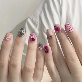 Valentine's Day Fake Nails Short Square Press on Nails 24Pcs Heart Full Cover False Nails with Designs Sliver Pink Exquisite Rhinestone Glossy Acrylic Stick on Nails for Women Valentine's Nail Art