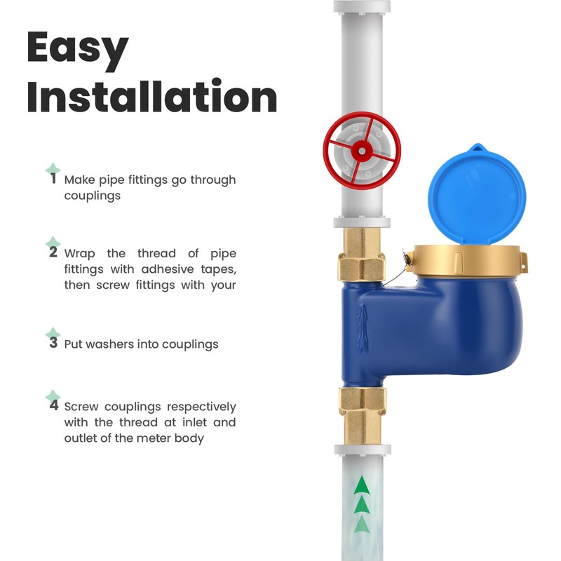 Watflow DN15 Vertical Water Meter with 1/2" NPT Couplings, Heavy