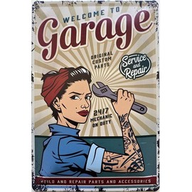 DekoNo7 Tin Sign 30 x 20 cm Welcome to Garage Original Custom Parts Service and Repair 24/7 Mechanic on Duty Vintage Sign