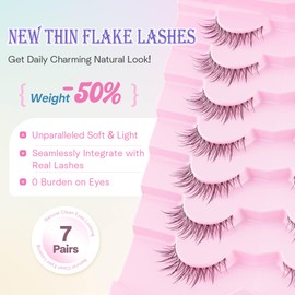 EVENTILL Natural Lashes Cat Eye 12MM Eyelashes Wispy False Eyelashes with 0.03MM Thin Flake Flat Band Volume False Lashes 7 Pair Short Eyelash Pack