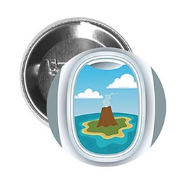 Round Pinback Button Brooch Pretty Tropical Island Volcano Airplane Window View Cartoon (Normal, 1" Inch)