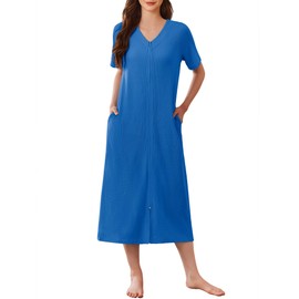 Ekouaer Zip Up Robe for Women Long Housecoat Waffle Knit Bathrobes Cozy Full Length Nightgown with Pockets(Blue, Large)
