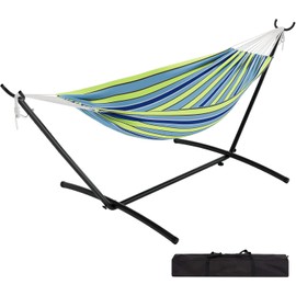 FinerFurnis Double Hammock with Space Saving Steel Stand Included-2 Person Camping Hammock with Carry Bag, Outdoor Portable Hammocks, 450lb Capacity Standing Hammocks for Garden Yard(Blue and Green)