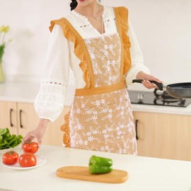 Pinknoke Vintage Pinafore Apron Dress for Women with Pockets Cute Floral Chef Aprons for Kitchen Cooking Baking Gardening (Melon Yellow)