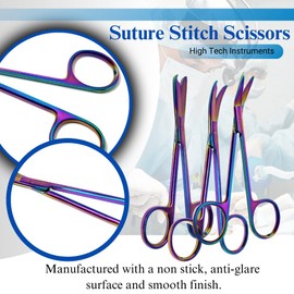 3 Pcs Suture Stitch Scissors with One Hook Shaped Tips Stainless Steel 4.5" Shears Multifunction Set Includes Straight, Angled and Curved Blades, Multicolor Titanium Color