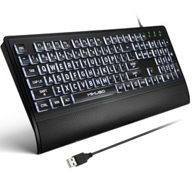 MIKUSO Large Print Backlit Computer Keyboards with Cover, Wired Keyboard White LED Illuminated, Wrist Rest,Numeric Keypad,Big Key USB Corded 104 Full Size.Easy to Read Type for Laptop, PC, Desktop