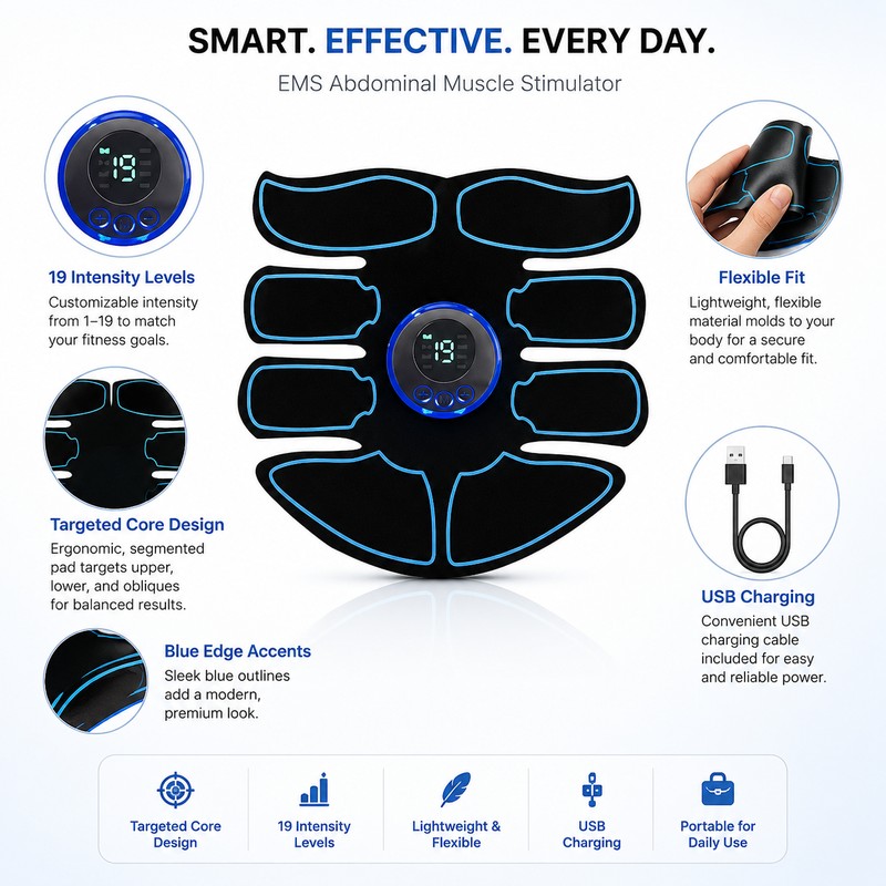 EMS Abdominal Muscle Stimulator for Home Fitness – USB Rechargeable