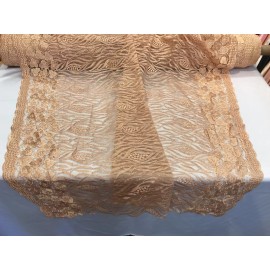 NEW CREATIONS FABRIC AND INC PEACH TREE DESIGN WITH FLOWERS AND GLITTER SEQUINS ON A MESH LACE-BY YARD.