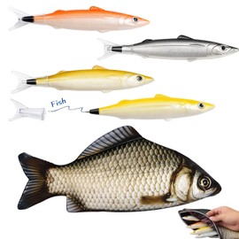 LUSTRIB Fish Shaped Bag and Pens Set, Realistic Fish Shaped Bag with Zipper & 4 Cute Fish Pens, Novelty Stationery Gift for Office, Party Favors