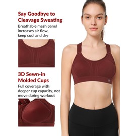 Yvette Sports Bra High Impact Adjustable Criss Cross Back, Full Support for Large Bust No Bounce, Burgundy,L Plus
